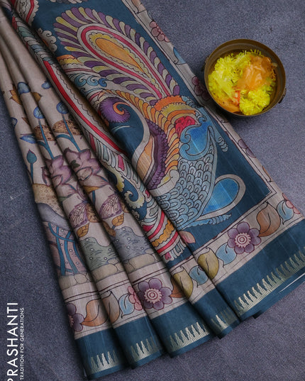 Semi matka saree beige and peacock green with butta prints and kalamkari printed pallu