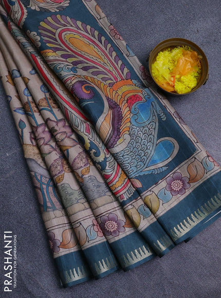Semi matka saree beige and peacock green with butta prints and kalamkari printed pallu