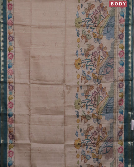 Semi matka saree beige and peacock green with butta prints and kalamkari printed pallu