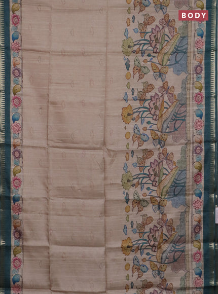 Semi matka saree beige and peacock green with butta prints and kalamkari printed pallu
