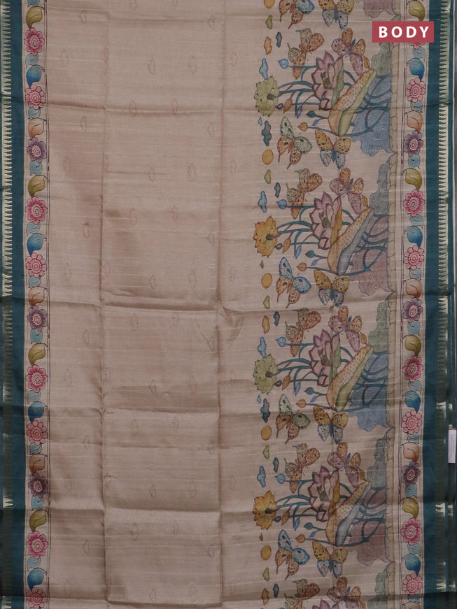 Semi matka saree beige and peacock green with butta prints and kalamkari printed pallu