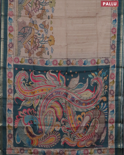 Semi matka saree beige and peacock green with butta prints and kalamkari printed pallu
