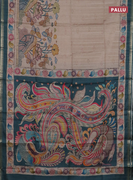 Semi matka saree beige and peacock green with butta prints and kalamkari printed pallu