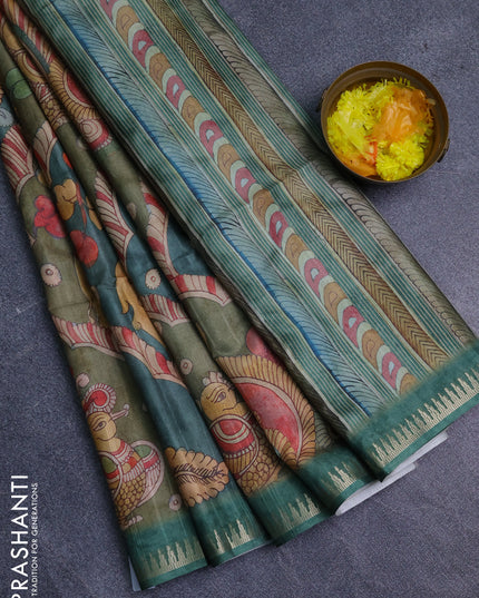 Semi matka saree elaichi green and green with allover kalamkari prints and temple design zari woven border