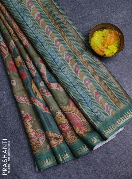 Semi matka saree elaichi green and green with allover kalamkari prints and temple design zari woven border