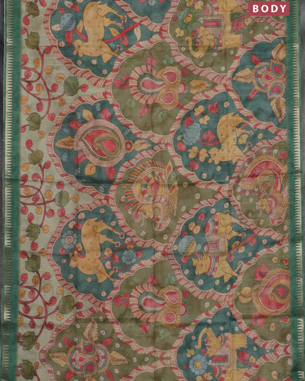 Semi matka saree elaichi green and green with allover kalamkari prints and temple design zari woven border