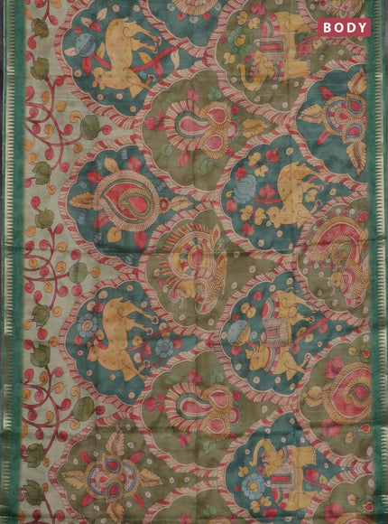 Semi matka saree elaichi green and green with allover kalamkari prints and temple design zari woven border