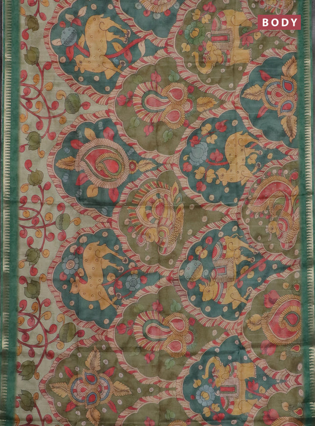 Semi matka saree elaichi green and green with allover kalamkari prints and temple design zari woven border