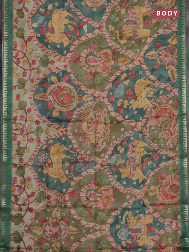 Semi matka saree elaichi green and green with allover kalamkari prints and temple design zari woven border