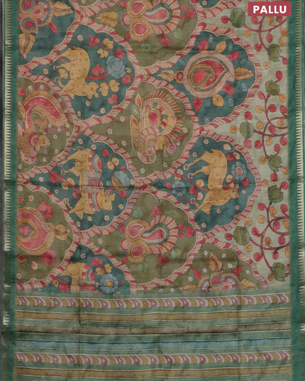 Semi matka saree elaichi green and green with allover kalamkari prints and temple design zari woven border