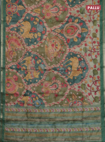 Semi matka saree elaichi green and green with allover kalamkari prints and temple design zari woven border