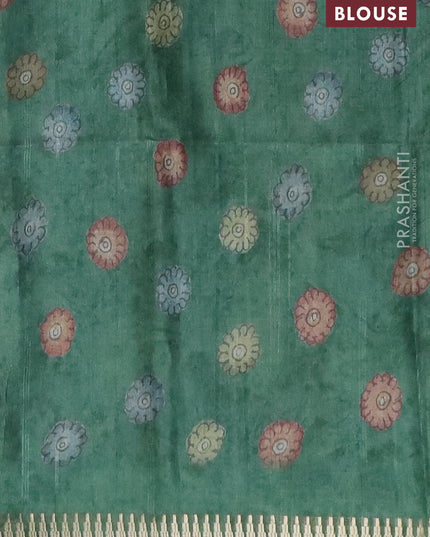 Semi matka saree elaichi green and green with allover kalamkari prints and temple design zari woven border
