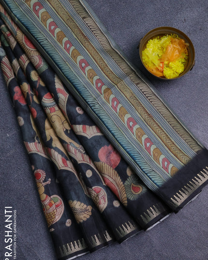 Semi matka saree pastel blue shade and black with allover kalamkari prints and temple design zari woven border