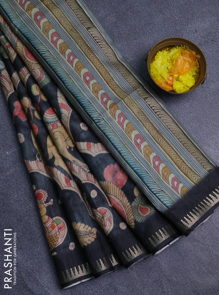 Semi matka saree pastel blue shade and black with allover kalamkari prints and temple design zari woven border