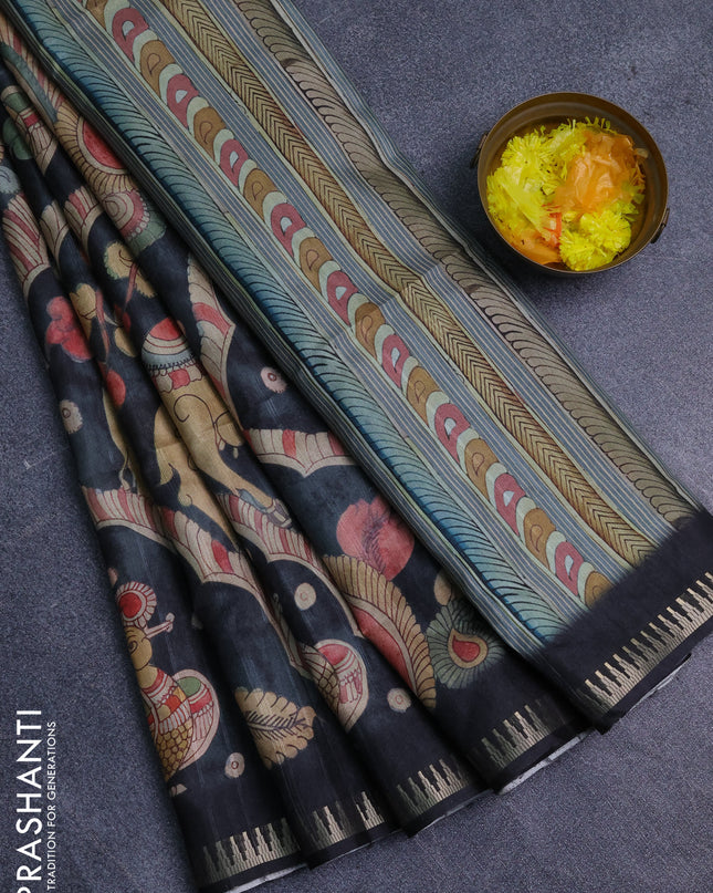 Semi matka saree pastel blue shade and black with allover kalamkari prints and temple design zari woven border