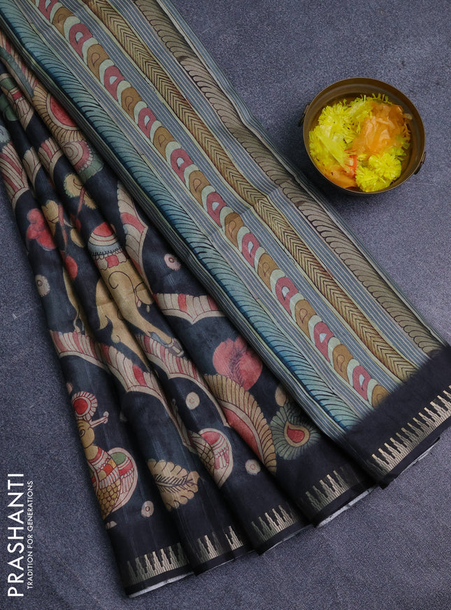 Semi matka saree pastel blue shade and black with allover kalamkari prints and temple design zari woven border