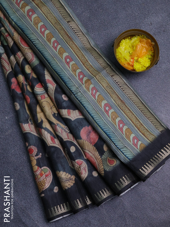 Semi matka saree pastel blue shade and black with allover kalamkari prints and temple design zari woven border