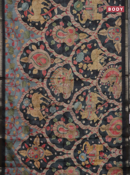 Semi matka saree pastel blue shade and black with allover kalamkari prints and temple design zari woven border