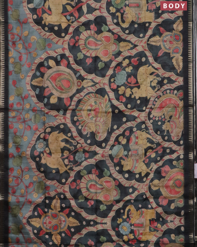 Semi matka saree pastel blue shade and black with allover kalamkari prints and temple design zari woven border