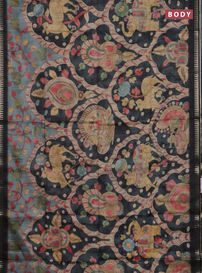 Semi matka saree pastel blue shade and black with allover kalamkari prints and temple design zari woven border