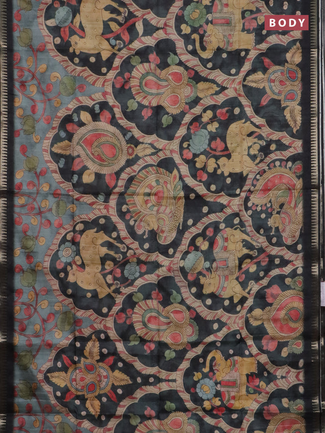 Semi matka saree pastel blue shade and black with allover kalamkari prints and temple design zari woven border