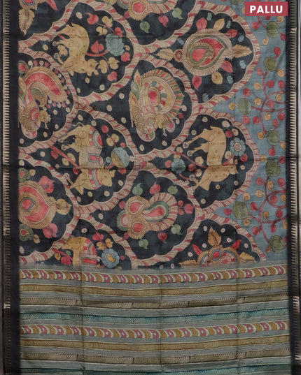 Semi matka saree pastel blue shade and black with allover kalamkari prints and temple design zari woven border