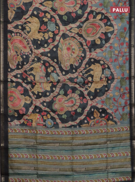 Semi matka saree pastel blue shade and black with allover kalamkari prints and temple design zari woven border