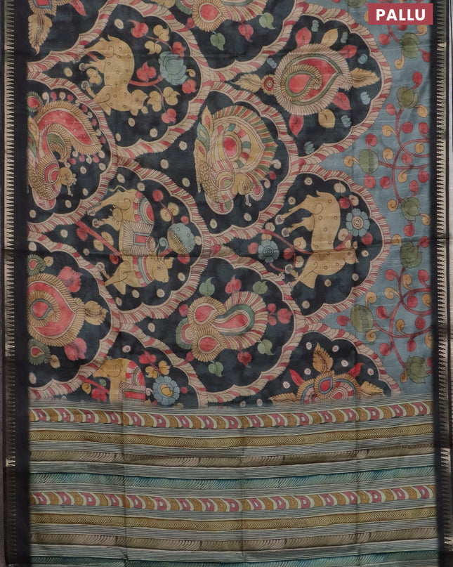 Semi matka saree pastel blue shade and black with allover kalamkari prints and temple design zari woven border