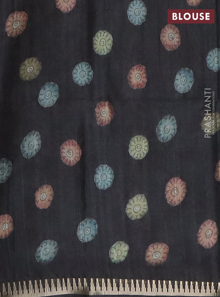Semi matka saree pastel blue shade and black with allover kalamkari prints and temple design zari woven border