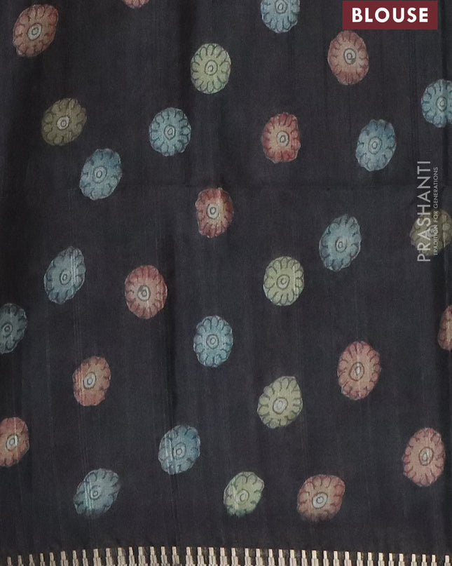 Semi matka saree pastel blue shade and black with allover kalamkari prints and temple design zari woven border
