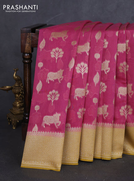 Banarasi silk cotton saree pink and yellow with zari woven buttas and woven border