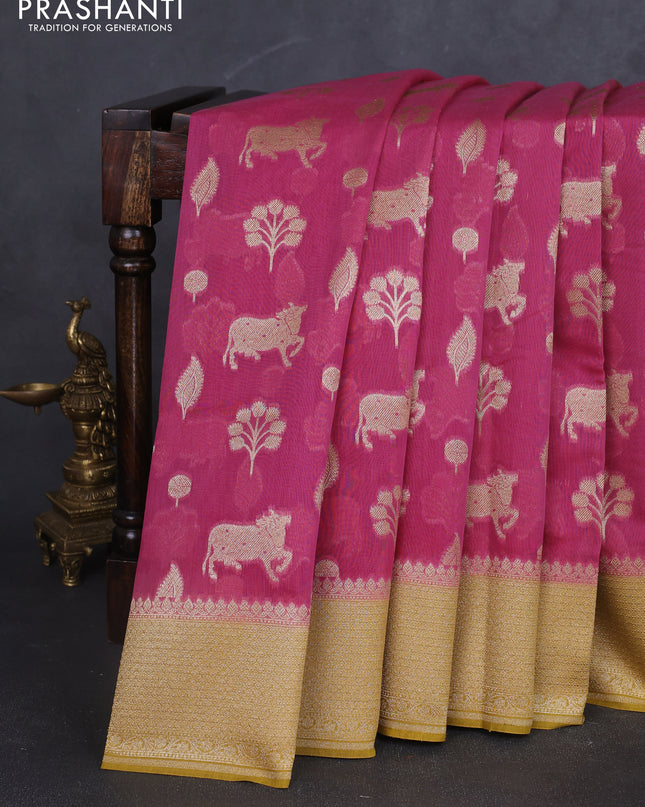 Banarasi silk cotton saree pink and yellow with zari woven buttas and woven border