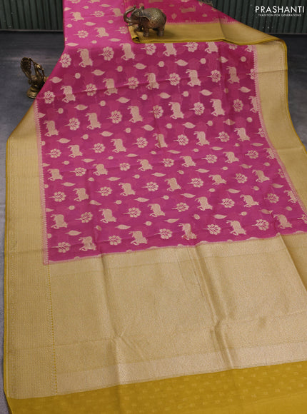 Banarasi silk cotton saree pink and yellow with zari woven buttas and woven border