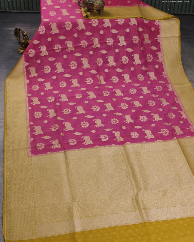 Banarasi silk cotton saree pink and yellow with zari woven buttas and woven border