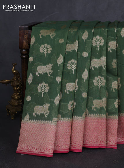 Banarasi silk cotton saree green and pink with zari woven buttas and woven border