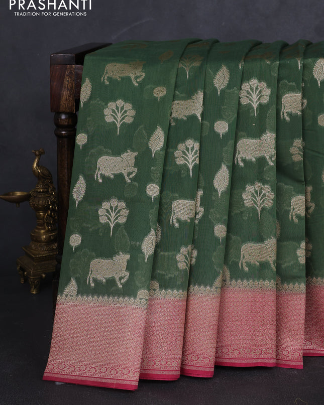 Banarasi silk cotton saree green and pink with zari woven buttas and woven border