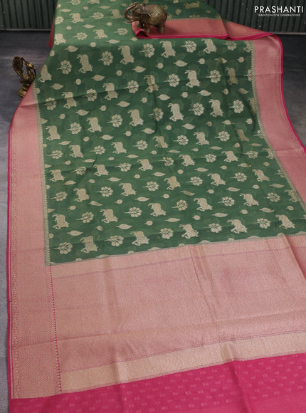 Banarasi silk cotton saree green and pink with zari woven buttas and woven border