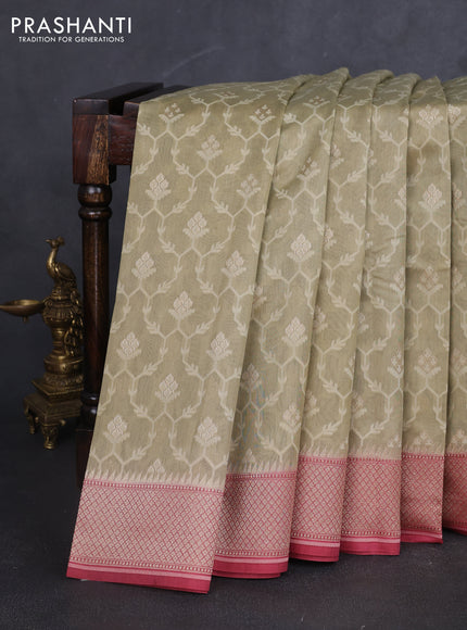 Banarasi silk cotton saree beige and pink with allover thread weaves & zari woven buttas and zari woven border