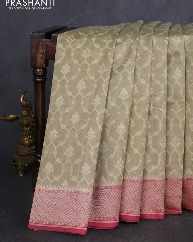 Banarasi silk cotton saree beige and pink with allover thread weaves & zari woven buttas and zari woven border