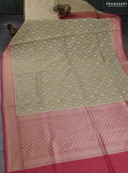 Banarasi silk cotton saree beige and pink with allover thread weaves & zari woven buttas and zari woven border