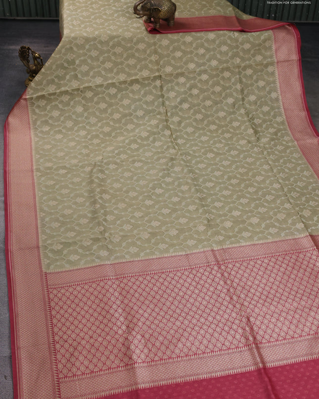 Banarasi silk cotton saree beige and pink with allover thread weaves & zari woven buttas and zari woven border