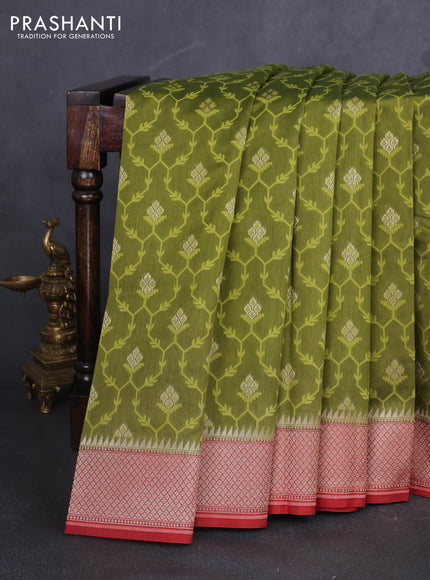 Banarasi silk cotton saree mehendi green and maroon with allover thread weaves & zari woven buttas and zari woven border