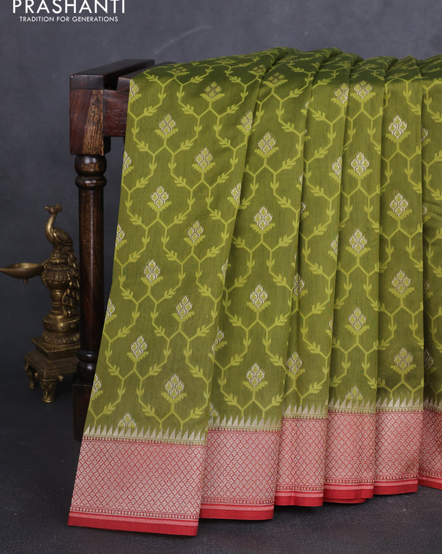 Banarasi silk cotton saree mehendi green and maroon with allover thread weaves & zari woven buttas and zari woven border