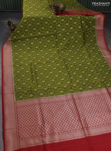 Banarasi silk cotton saree mehendi green and maroon with allover thread weaves & zari woven buttas and zari woven border