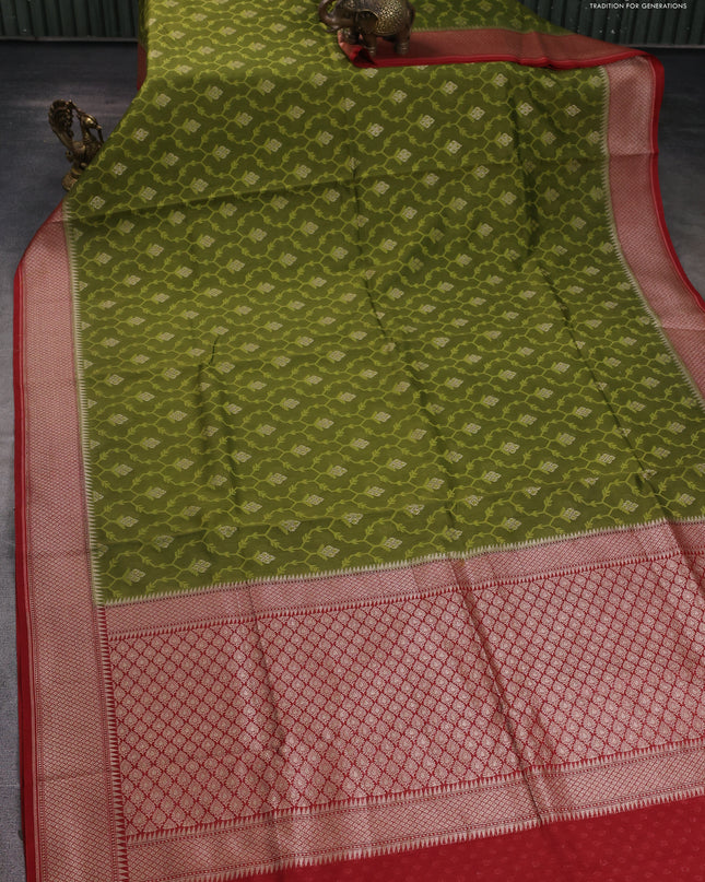 Banarasi silk cotton saree mehendi green and maroon with allover thread weaves & zari woven buttas and zari woven border