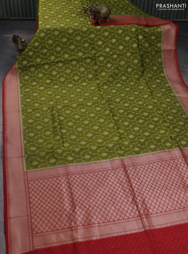 Banarasi silk cotton saree mehendi green and maroon with allover thread weaves & zari woven buttas and zari woven border