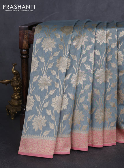Banarasi silk cotton saree grey and pink with allover zari weaves and zari woven border