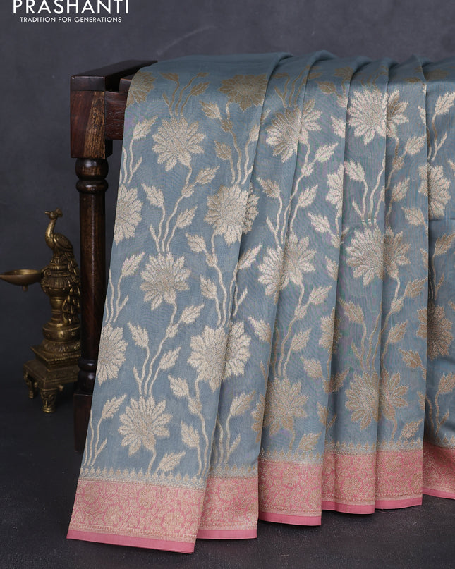Banarasi silk cotton saree grey and pink with allover zari weaves and zari woven border