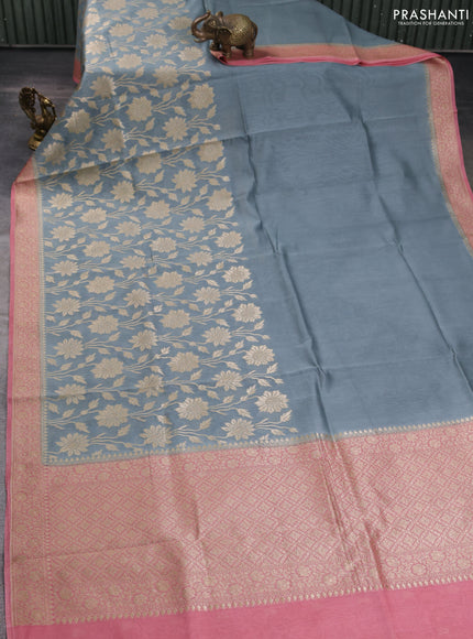 Banarasi silk cotton saree grey and pink with allover zari weaves and zari woven border