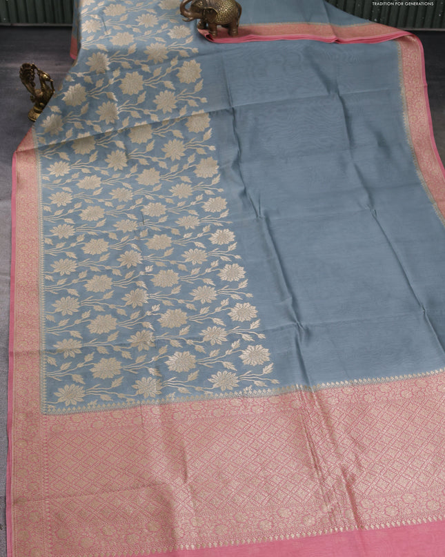 Banarasi silk cotton saree grey and pink with allover zari weaves and zari woven border